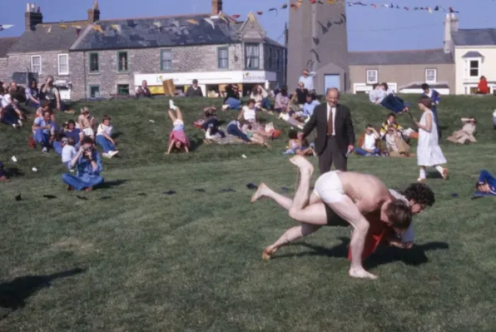 Framed Print : Cornish wrestlers and spectators, Cornwall Framed Print : Cornish wrestlers and spectators, Cornwall