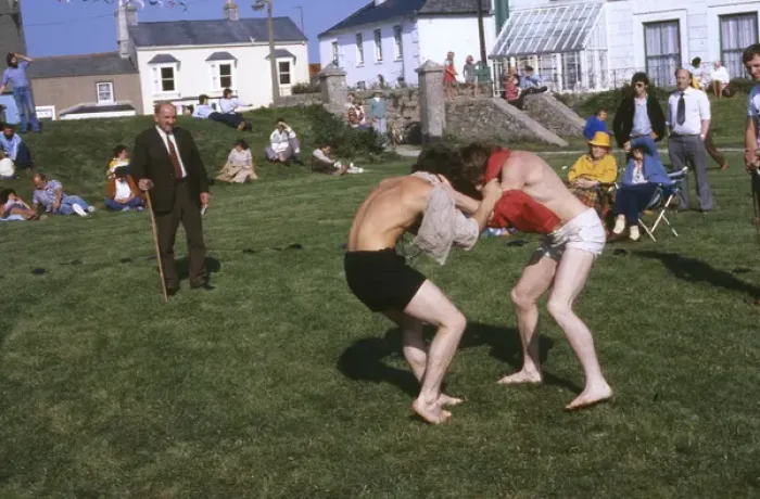 Framed Print : Cornish wrestlers and spectators, Cornwall Framed Print : Cornish wrestlers and spectators, Cornwall