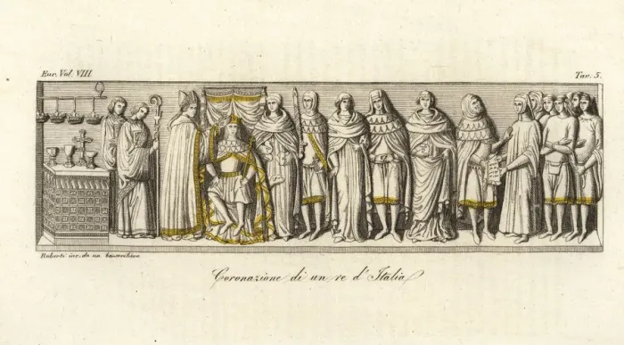 Framed Print : Coronation of an ancient Italian king by the archbishop Framed Print : Coronation of an ancient Italian king by the archbishop