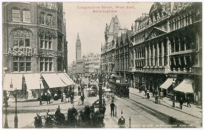 Framed Print : Corporation Street, Birmingham, West Midlands, with pedestrians and trams. Date: circa 1905 Framed Print : Corporation Street, Birmingham, West Midlands, with pedestrians and trams. Date: circa 1905