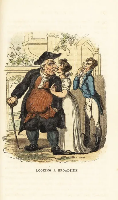 Framed Print : A corpulent man staring angrily at a fop for looking at his daug Framed Print : A corpulent man staring angrily at a fop for looking at his daug