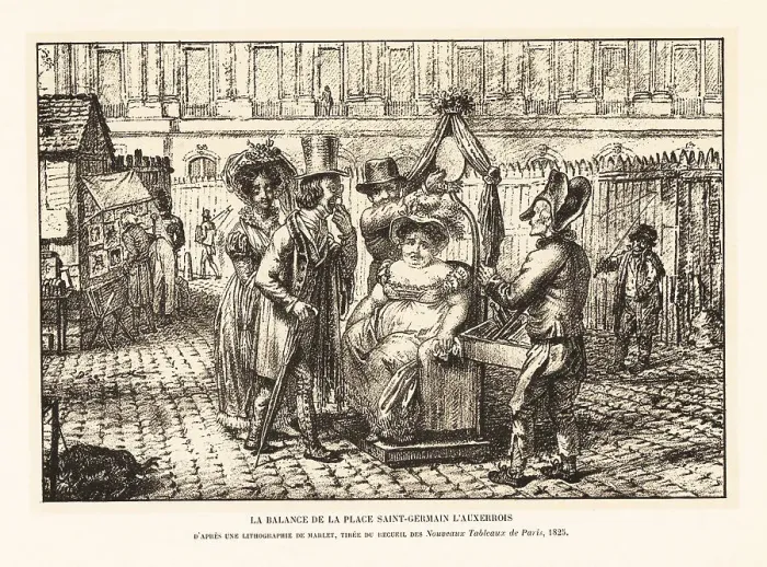 Framed Print : A corpulent woman sits on a public weighing machine, Paris Framed Print : A corpulent woman sits on a public weighing machine, Paris