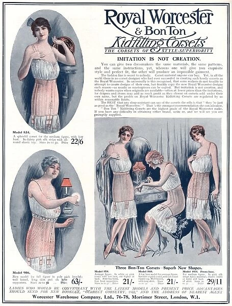 Corset Advert 1922. Advertisement for Royal Worcester and Bon Ton kidfilling corsets 