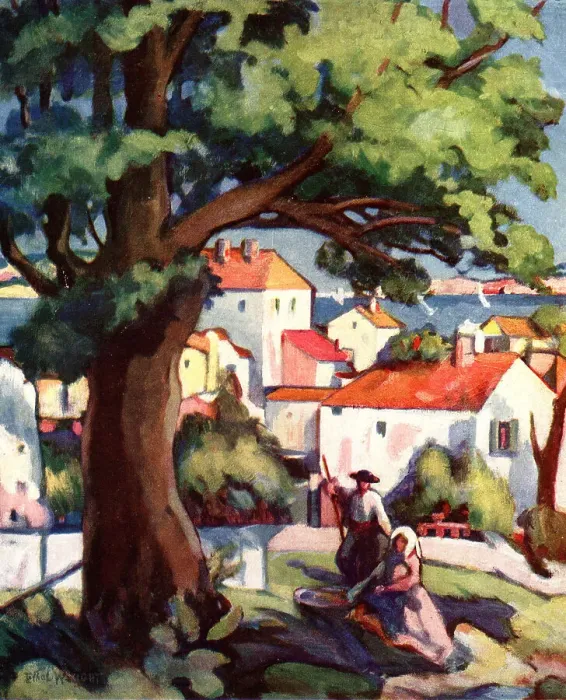Framed Print : Corsica. A painting which shows a coastal town view of Corsica, in France Framed Print : Corsica. A painting which shows a coastal town view of Corsica, in France