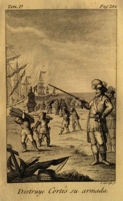 Framed Print : Cortes destroying his fleet. Engraving