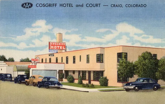 Framed Print : Cosgriff Hotel and Court, Craig, Colorado, USA - modern 70-room hotel, cocktail lounge, coffee shop, built in 1940. Date: 1949 Framed Print : Cosgriff Hotel and Court, Craig, Colorado, USA - modern 70-room hotel, cocktail lounge, coffee shop, built in 1940. Date: 1949
