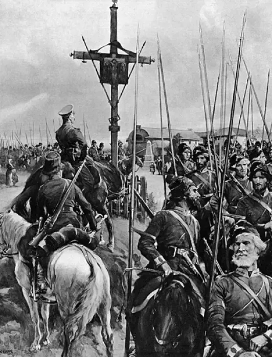 Framed Print : Cossacks pass through a Galician village Framed Print : Cossacks pass through a Galician village