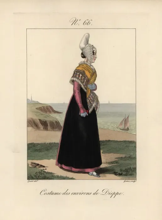 Framed Print : Costume of the area of Dieppe. Bonnet with its papillon wings folded toward the front Framed Print : Costume of the area of Dieppe. Bonnet with its papillon wings folded toward the front