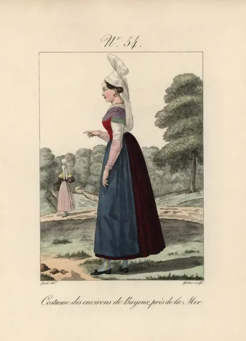 Framed Print : Costume of Bayeux. Falling tails from the bonnet and the false sleeves in a contrasting colour Framed Print : Costume of Bayeux. Falling tails from the bonnet and the false sleeves in a contrasting colour