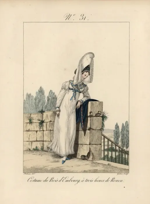 Framed Print : Costume of Bois d Embourg Tall bonnet with Framed Print : Costume of Bois d Embourg Tall bonnet with