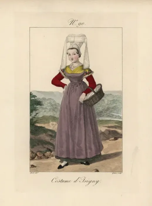 Framed Print : Costume of Coutances She wears a demi-pare bonnet