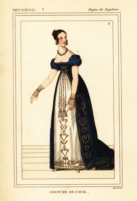 Framed Print : Costume of a female courtier, French Napoleonic era