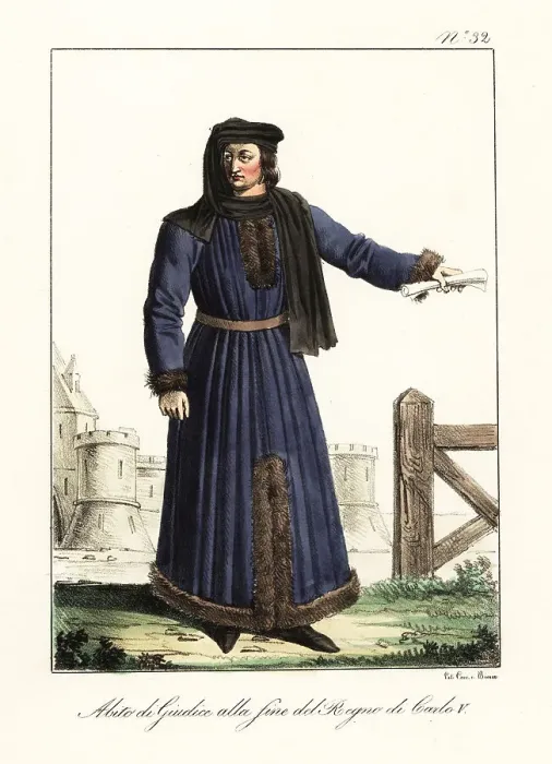 Framed Print : Costume of a French judge, late 14th century Framed Print : Costume of a French judge, late 14th century