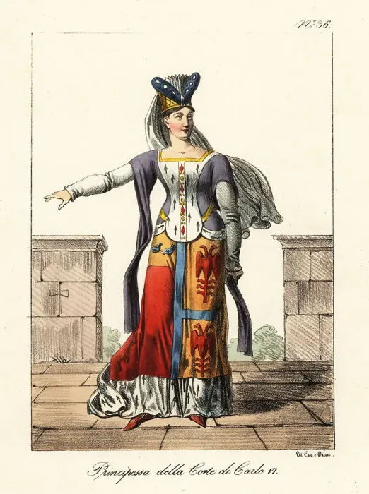 Framed Print : Costume of a French princess, late 14th century Framed Print : Costume of a French princess, late 14th century