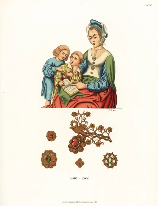 Framed Print : Costume of a German woman and children, late 15th century Framed Print : Costume of a German woman and children, late 15th century