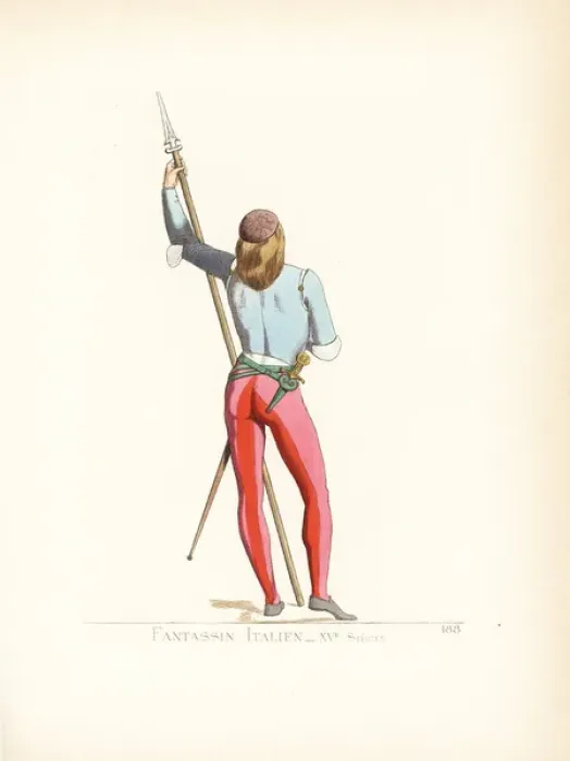 Framed Print : Costume of an Italian infantryman, 15th century Framed Print : Costume of an Italian infantryman, 15th century