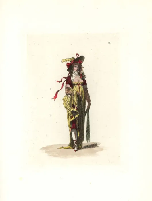 Framed Print : Costume of Madame Raquet, merveilleuse in the martyr style Framed Print : Costume of Madame Raquet, merveilleuse in the martyr style
