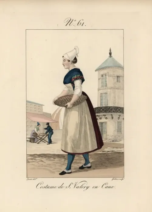 Framed Print : Costume of a shrimp merchant at St Valery en Framed Print : Costume of a shrimp merchant at St Valery en