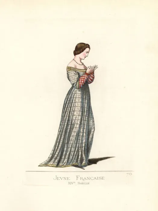 Framed Print : Costume of a young French woman, 14th century Framed Print : Costume of a young French woman, 14th century