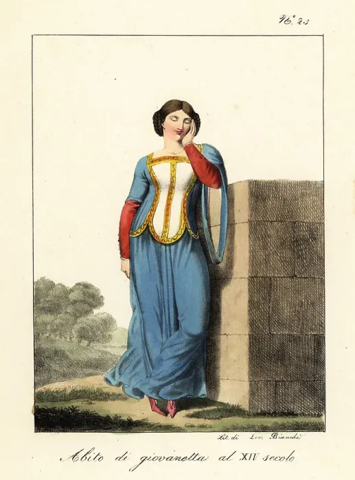 Framed Print : Costume of a young French woman, 14th century Framed Print : Costume of a young French woman, 14th century