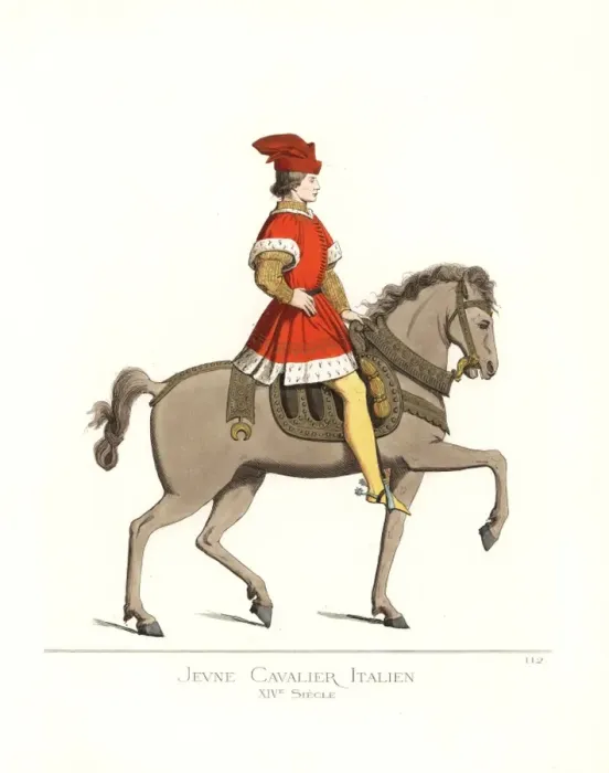 Framed Print : Costume of a young Italian cavalry man, 14th century