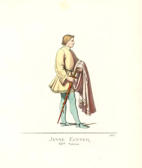 Framed Print : Costume of a young squire, 14th century Framed Print : Costume of a young squire, 14th century