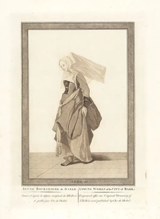 Framed Print : Costume of a young woman of Basel, 16th century Framed Print : Costume of a young woman of Basel, 16th century