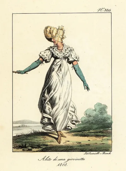 Framed Print : Costume of a young woman, First Empire, France Framed Print : Costume of a young woman, First Empire, France