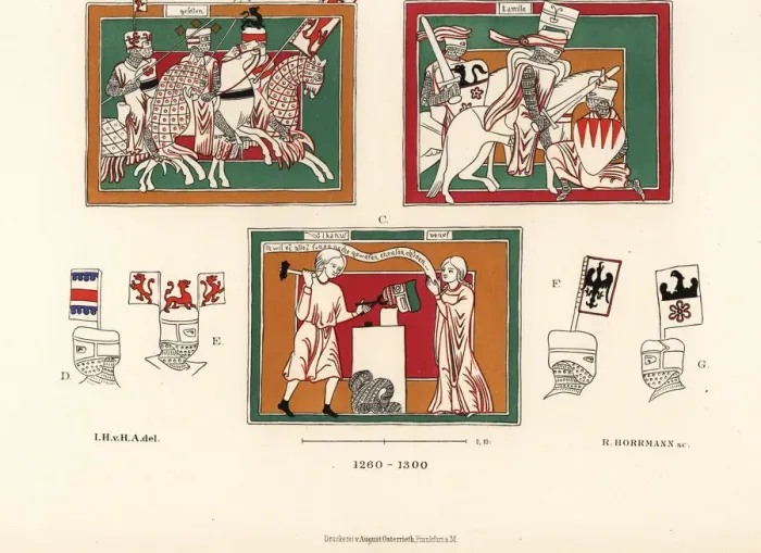 Framed Print : Costumes and armour of German knights, 13th century Framed Print : Costumes and armour of German knights, 13th century