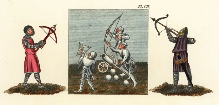 Framed Print : Costumes of bowmen and artillery, 14th century Framed Print : Costumes of bowmen and artillery, 14th century