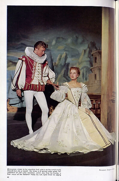 Costumes designed by James Bailey for an Old Vic production of 'Twelfth Night'. Olivia's dress is painted nylon gauze. Date: 1954