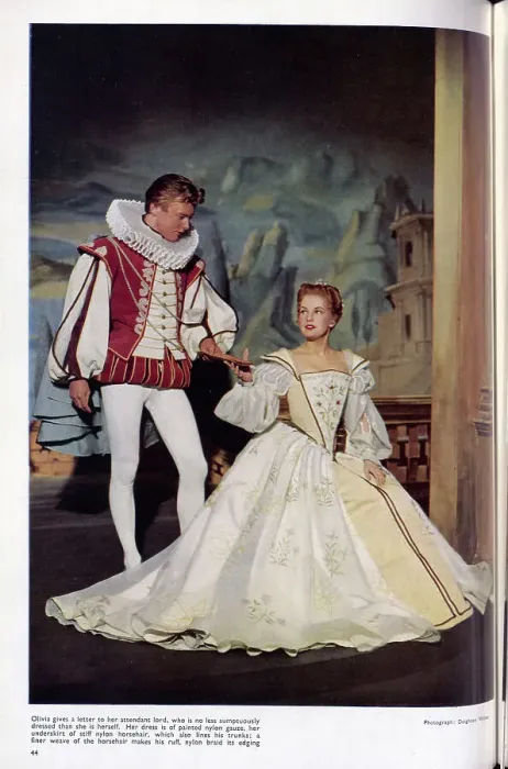 Framed Print : Costumes designed by James Bailey for an Old Vic production of Twelfth Night'. Olivia's dress is painted nylon gauze. Date: 1954 Framed Print : Costumes designed by James Bailey for an Old Vic production of Twelfth Night'. Olivia's dress is painted nylon gauze. Date: 1954