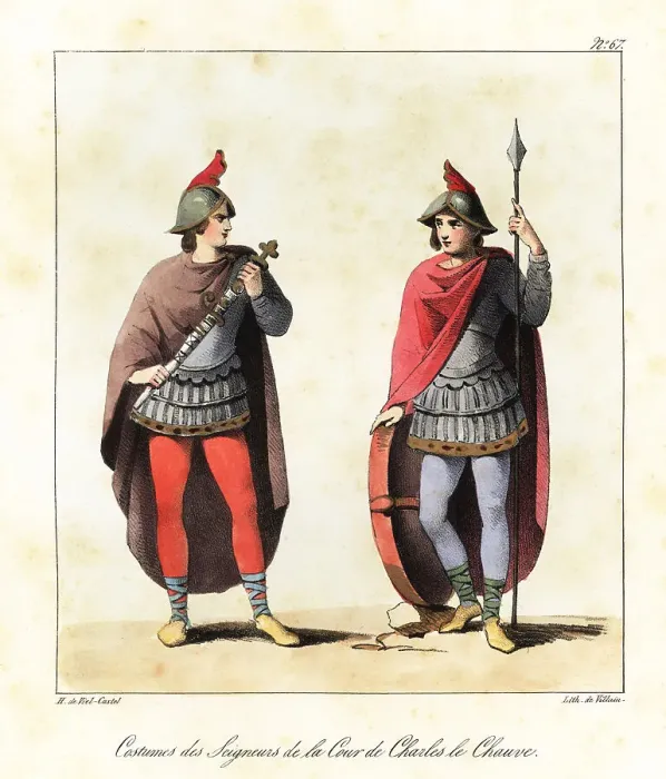 Framed Print : Costumes of Frankish lords at the court of Charles the Bald Framed Print : Costumes of Frankish lords at the court of Charles the Bald