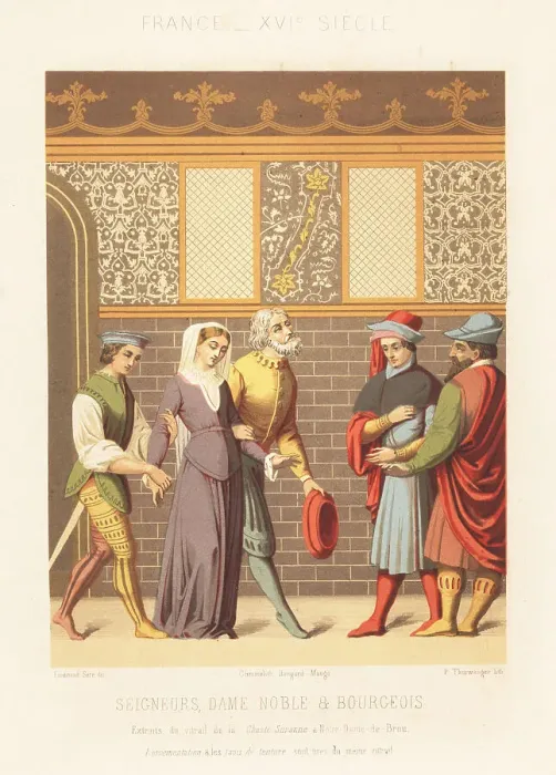 Framed Print : Costumes of a lady, lords and bourgeois, France, 16th century Framed Print : Costumes of a lady, lords and bourgeois, France, 16th century