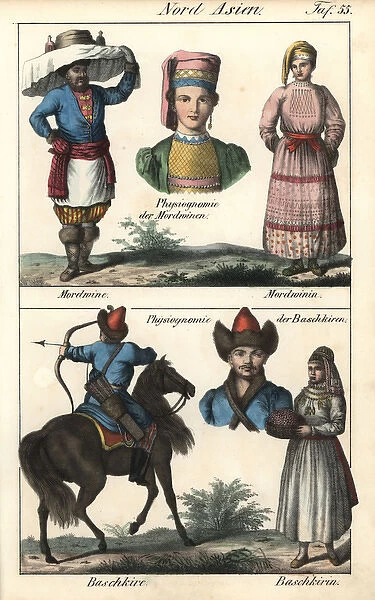 Costumes of Mordovian men and women and Bashkir