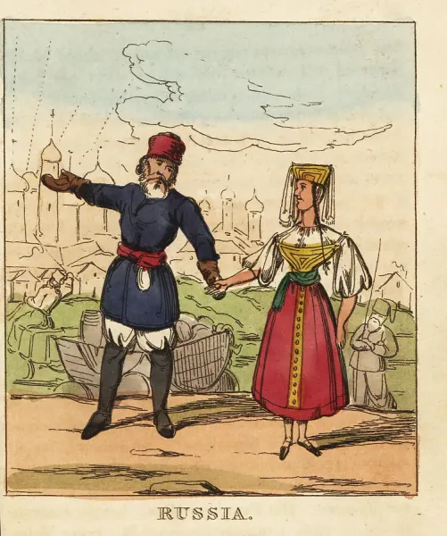 19th Century Russian Man and Woman in Traditional Costumes Print