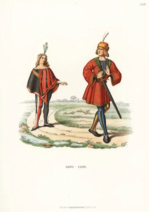Framed Print : Costumes of young German noblemen, late 15th century Framed Print : Costumes of young German noblemen, late 15th century