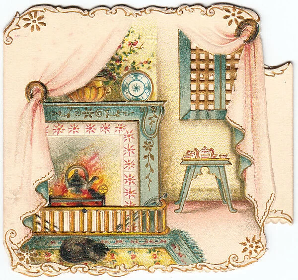 Cosy scene with cat and fireplace on a greetings card