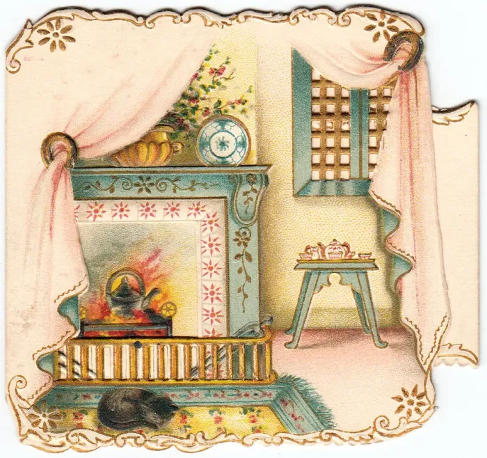 Framed Print : Cosy scene with cat and fireplace on a greetings card Framed Print : Cosy scene with cat and fireplace on a greetings card