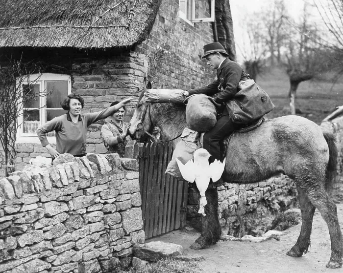 Framed Print : Cotswolds postman delivering parcel, 1938 Framed Print : Cotswolds postman delivering parcel, 1938