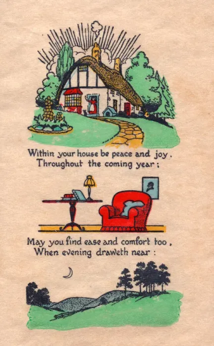 Framed Print : Cottage, armchair and rural scene on a New Year card Framed Print : Cottage, armchair and rural scene on a New Year card
