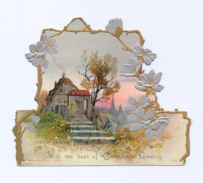 Framed Print : Cottage with flowery border on a Christmas card Framed Print : Cottage with flowery border on a Christmas card