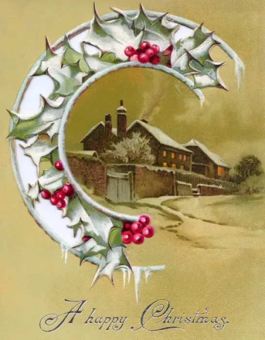 Framed Print : Cottage in the snow with holly on a Christmas card Framed Print : Cottage in the snow with holly on a Christmas card
