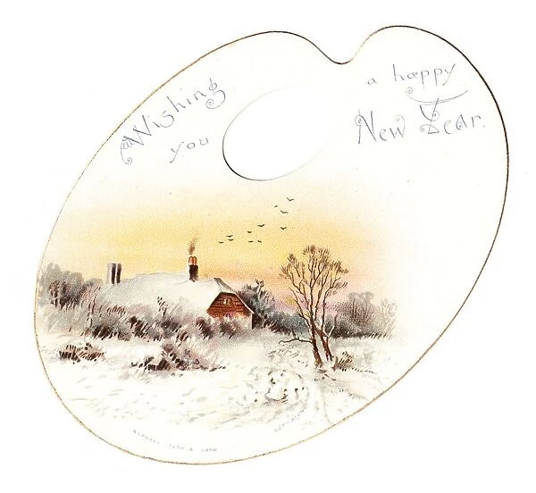 Cottage in snow on a palette-shaped New Year card