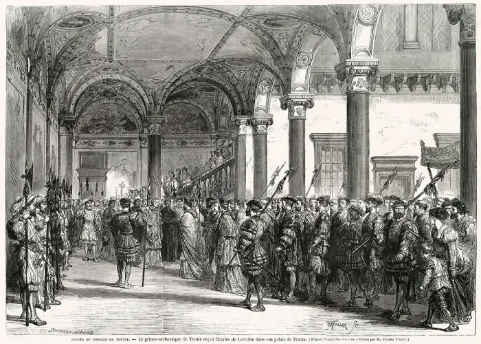 Framed Print : Council of Trent ; the prince-archbishop of Trent receives Charles de Lorraine in his palace, before the opening of the 19-year Council Date: December 1545 Framed Print : Council of Trent ; the prince-archbishop of Trent receives Charles de Lorraine in his palace, before the opening of the 19-year Council Date: December 1545