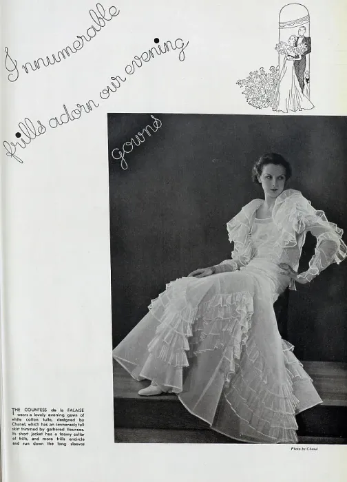 Framed Print : Countess de la Falaise, studio fashion portrait, by Chanel. Captioned, Innumerable frills adorn our evening gowns'. With description, The Countess de la Falaise, wears a lovely evening gown of white cotton tulle, designed by Chanel