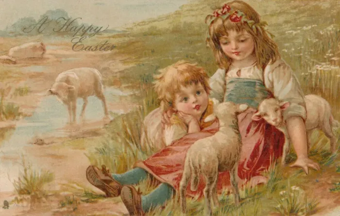 Framed Print : Country children and lambs Framed Print : Country children and lambs
