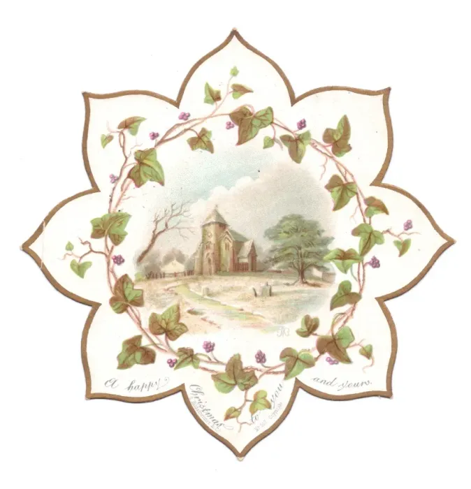 Framed Print : Country church with ivy leaves on a Christmas card Framed Print : Country church with ivy leaves on a Christmas card