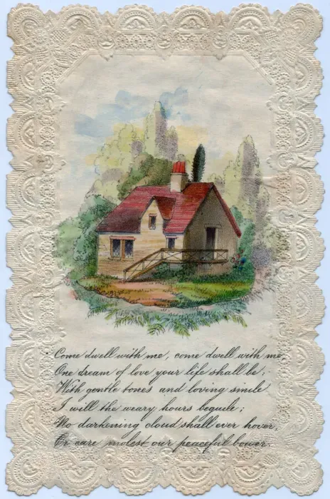 Framed Print : Country cottage and verse on a romantic greetings card Framed Print : Country cottage and verse on a romantic greetings card