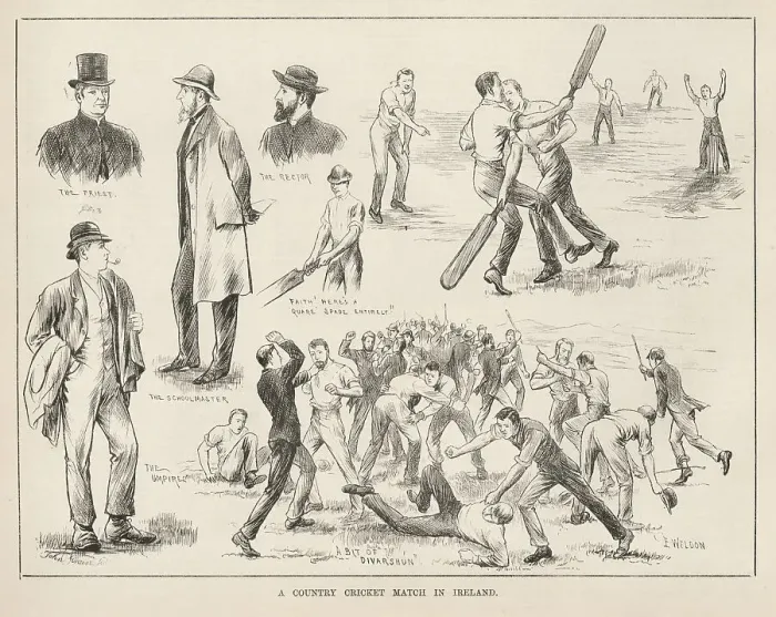 Framed Print : A country cricket match in Ireland. Quite a lot of fighting seems to be going on for a bit of divarshun'. Date: 1883 Framed Print : A country cricket match in Ireland. Quite a lot of fighting seems to be going on for a bit of divarshun'. Date: 1883